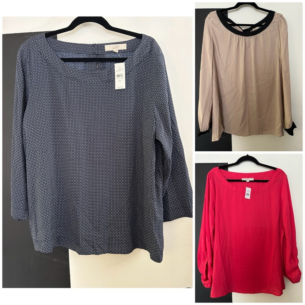 LOFT Women’s XL XXL Blouses Trio NWT Navy Tan Pink